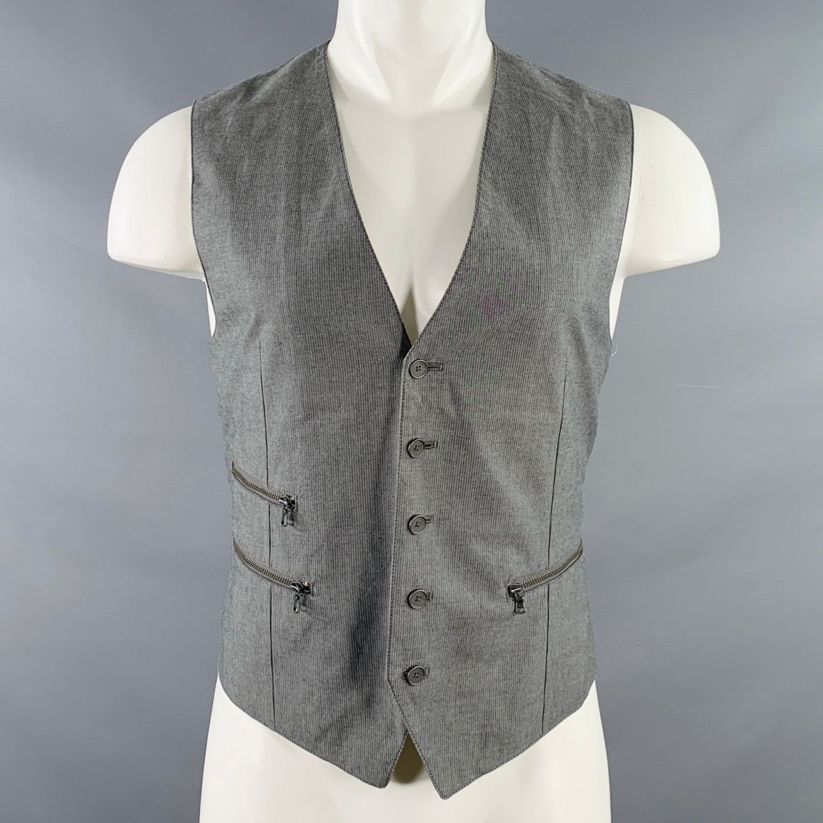 John Varvatos Size 40 Grey Charcoal Stripe Cotton Zip Pockets Vest Size 40R - 1 Thumbnail