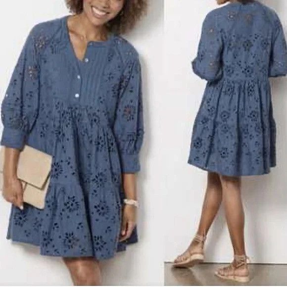 Anthropologie dRA Yara Teal 1/2 Button 3/4 Sleeve Eyelet Dress Boho Comfy Size XS / US 0-2 / IT 36-38 - 6 Thumbnail