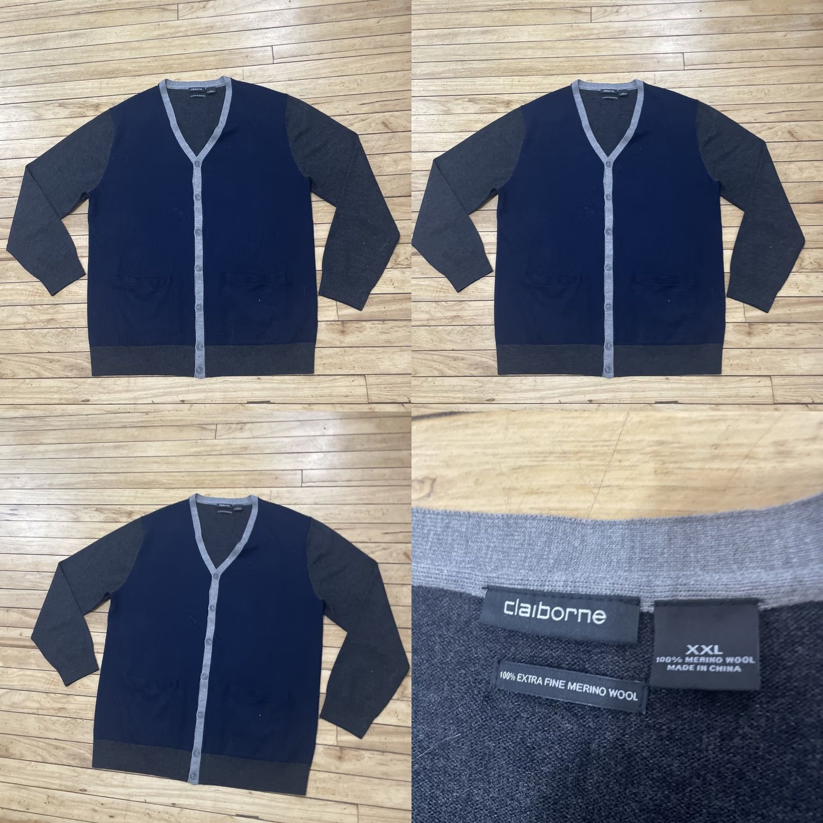 Liz Claiborne Claiborne Cardigan Sweater Men 2XL Navy Blue Wool V-Neck Preppy All Seasons Casual Size US XXL / EU 58 / 5 - 10 Thumbnail