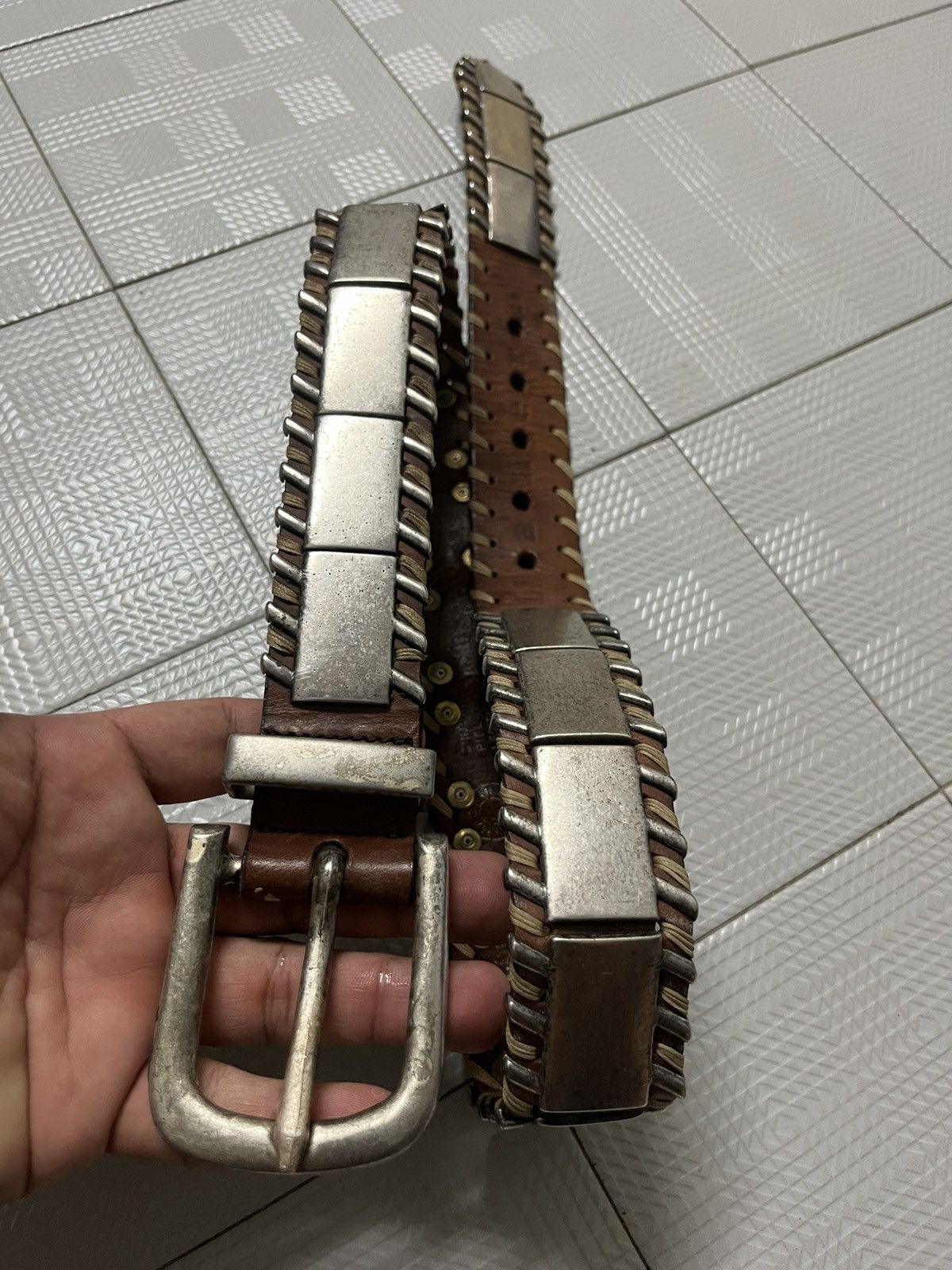 If Six Was Nine LEATHER BELT SILVER RIVETED by LIANERO Size 34 - 1 Thumbnail