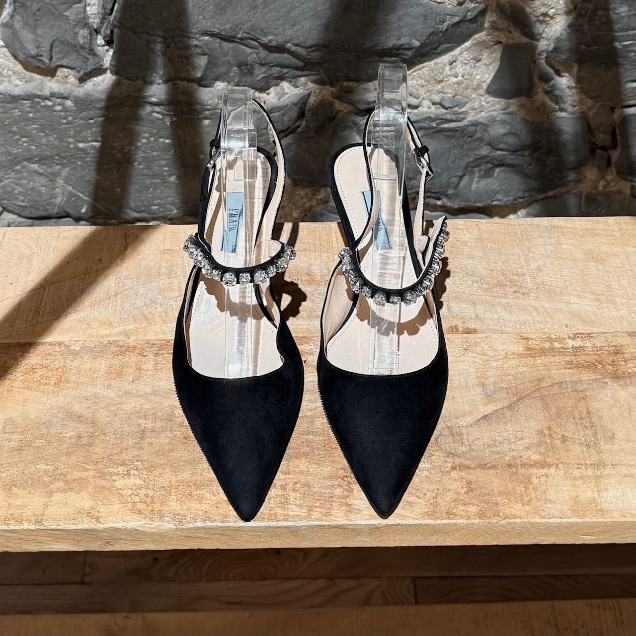 Prada Prada Black Suede Crystal Embellished Slingback Pumps Size US 7 / IT 37 - 3 Thumbnail