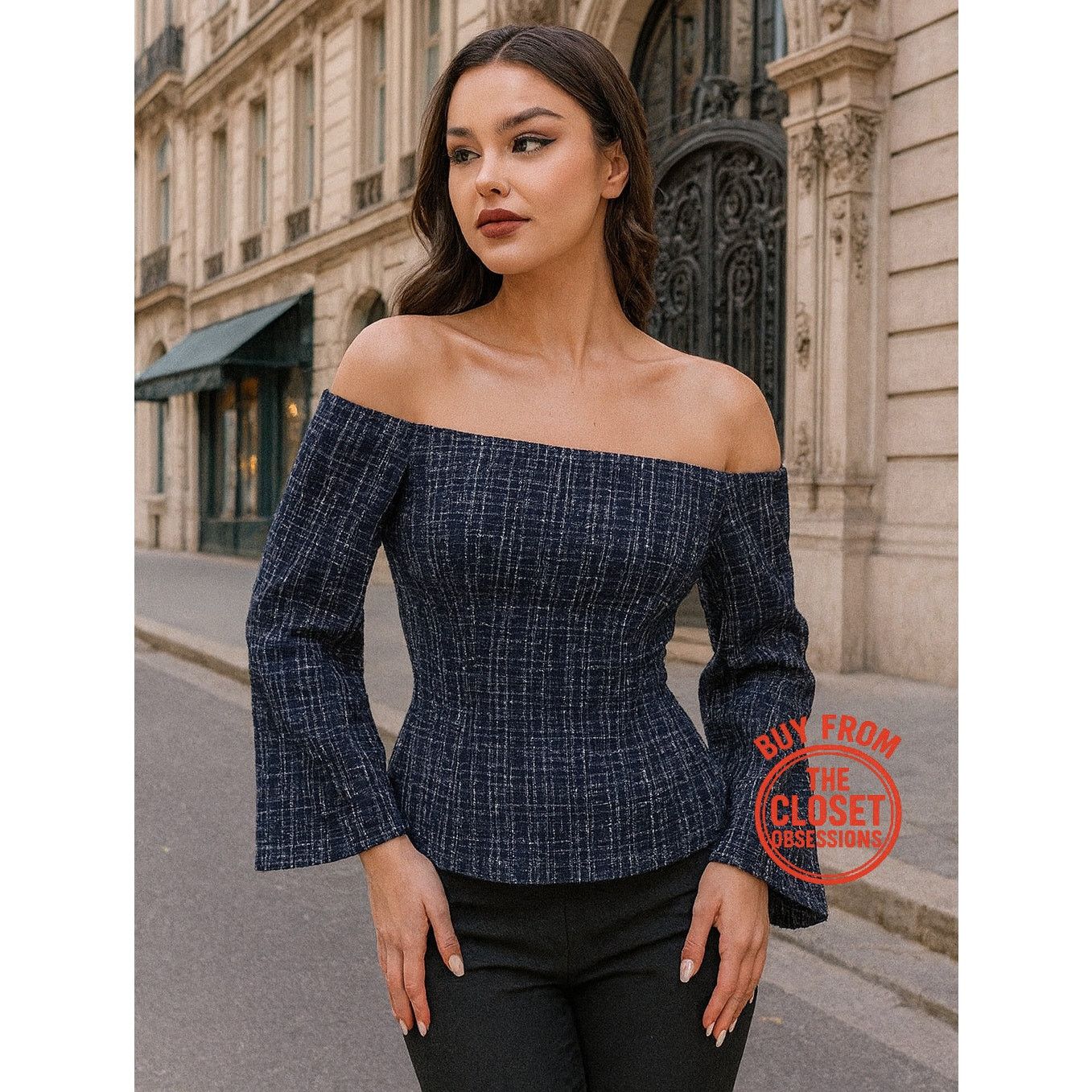 Zara Zara Navy Tweed Off Shoulder Top NWT M Size M / US 6-8 / IT 42-44 - 4 Thumbnail