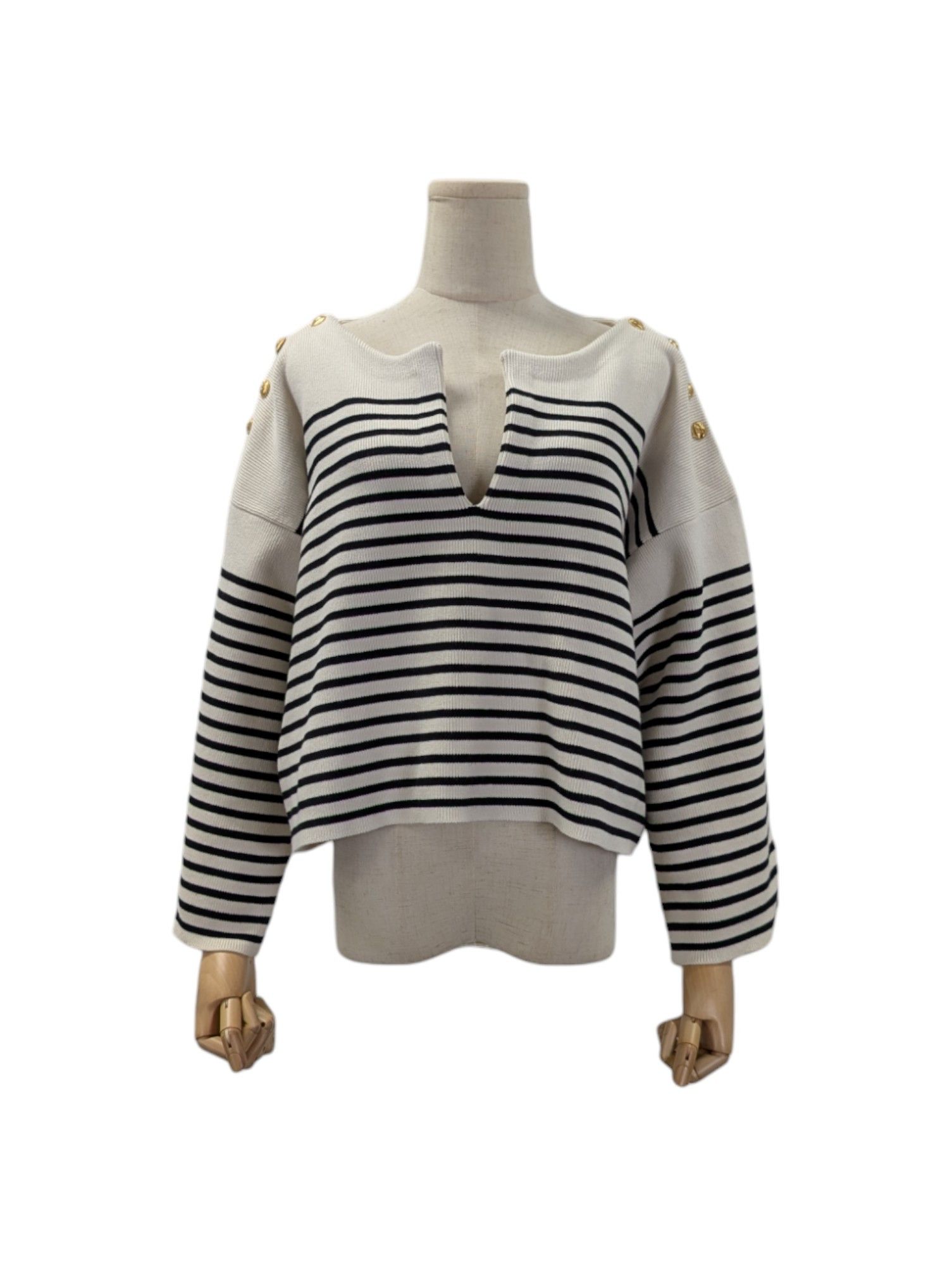 Celine V-Neck Striped Knitted Top With Logo Buttons On Shoulders Size M / US 6-8 / IT 42-44 - 1 Thumbnail