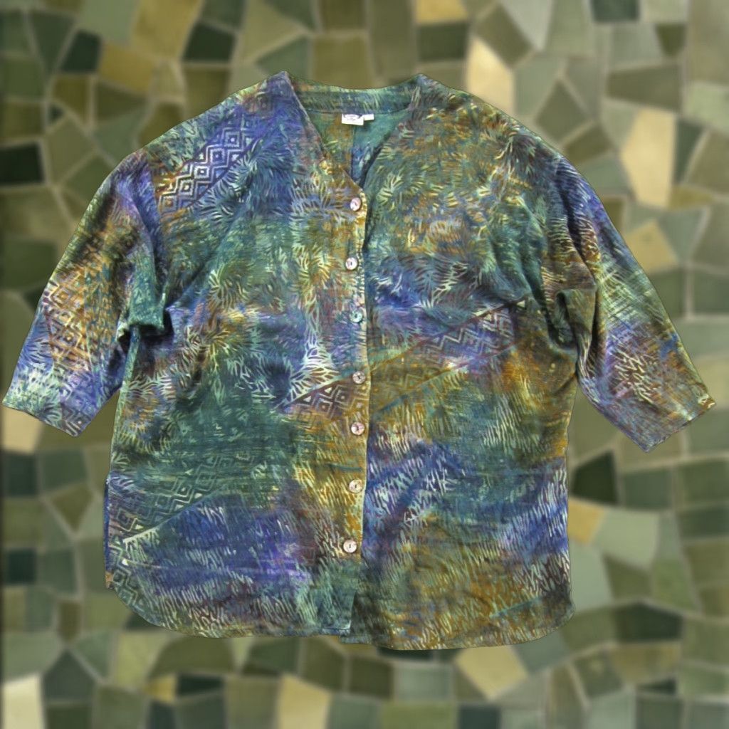 Vintage VTG Whats In Store Blouse 3/4 Sleeve Oversize Rayon Green Purple Brown Tie Dye L Womens Vintage 90s Size L / US 10 / IT 46 - 1 Thumbnail