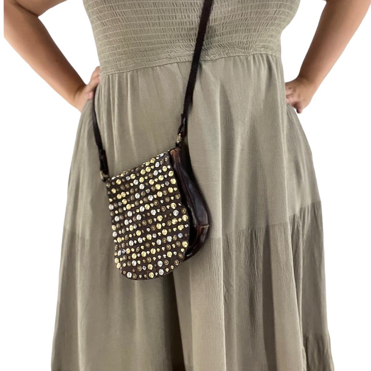 image of Campomaggi Rhinestone & Hammer Studded Leather Crossbody in Brown, Women's