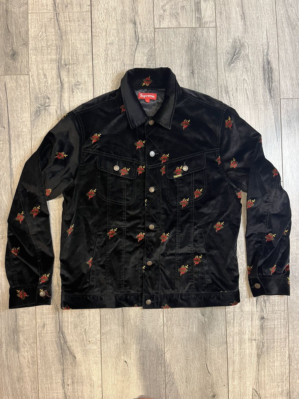 Supreme Supreme Velvet Trucker Jacket Black Sacred Hearts. Large. | Grailed