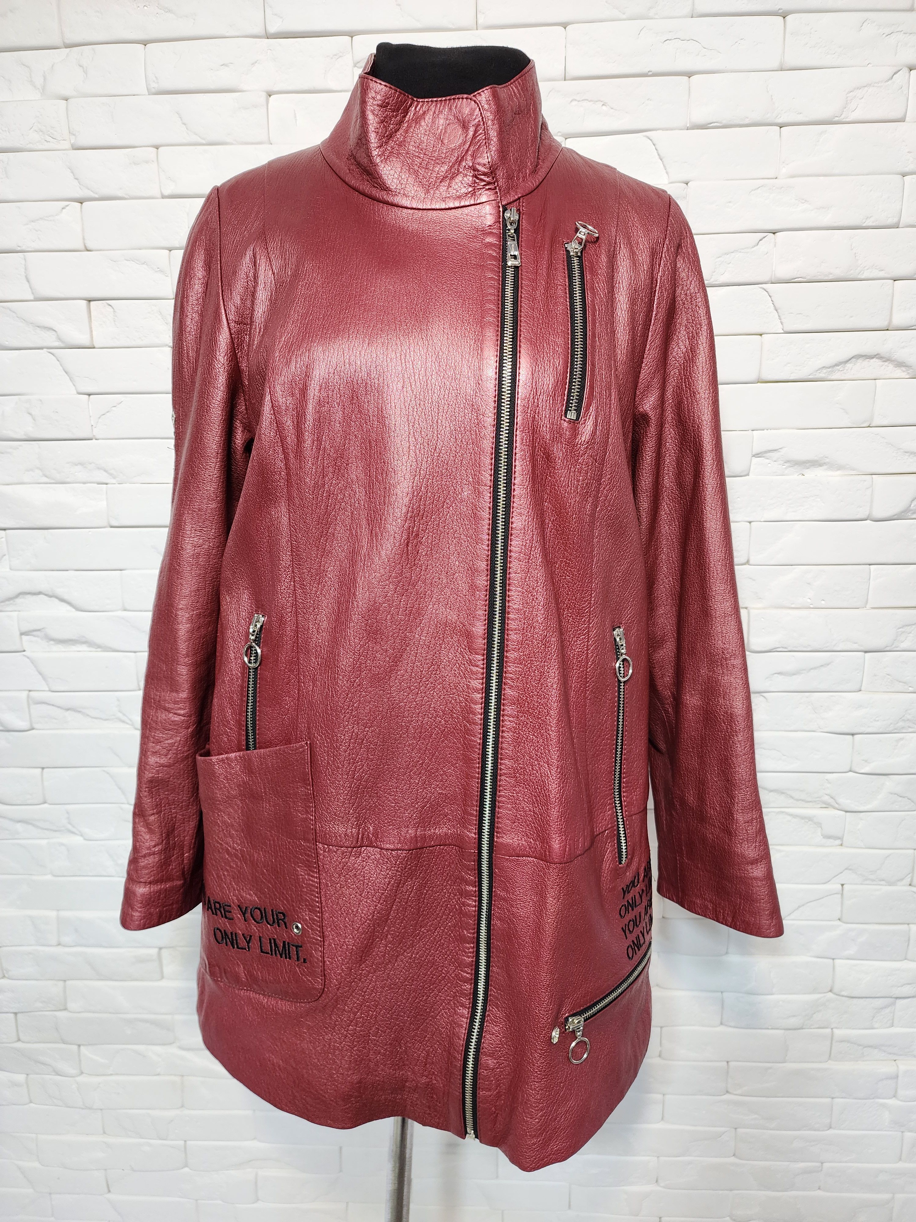 Designer Women's red leather jacket with a metal zipper. Size L / US 10 / IT 46 - 3 Thumbnail