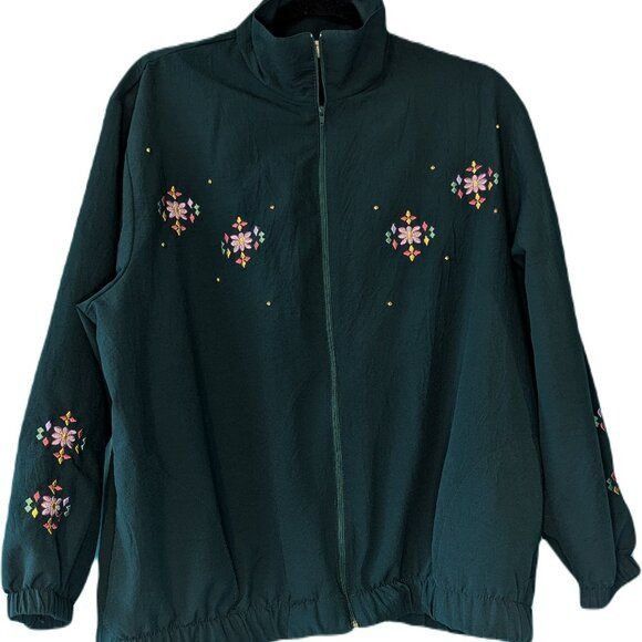 Vintage Vintage Bon Worth Green Jacket Windbreaker With Flowers Size L / US 10 / IT 46 - 1 Thumbnail