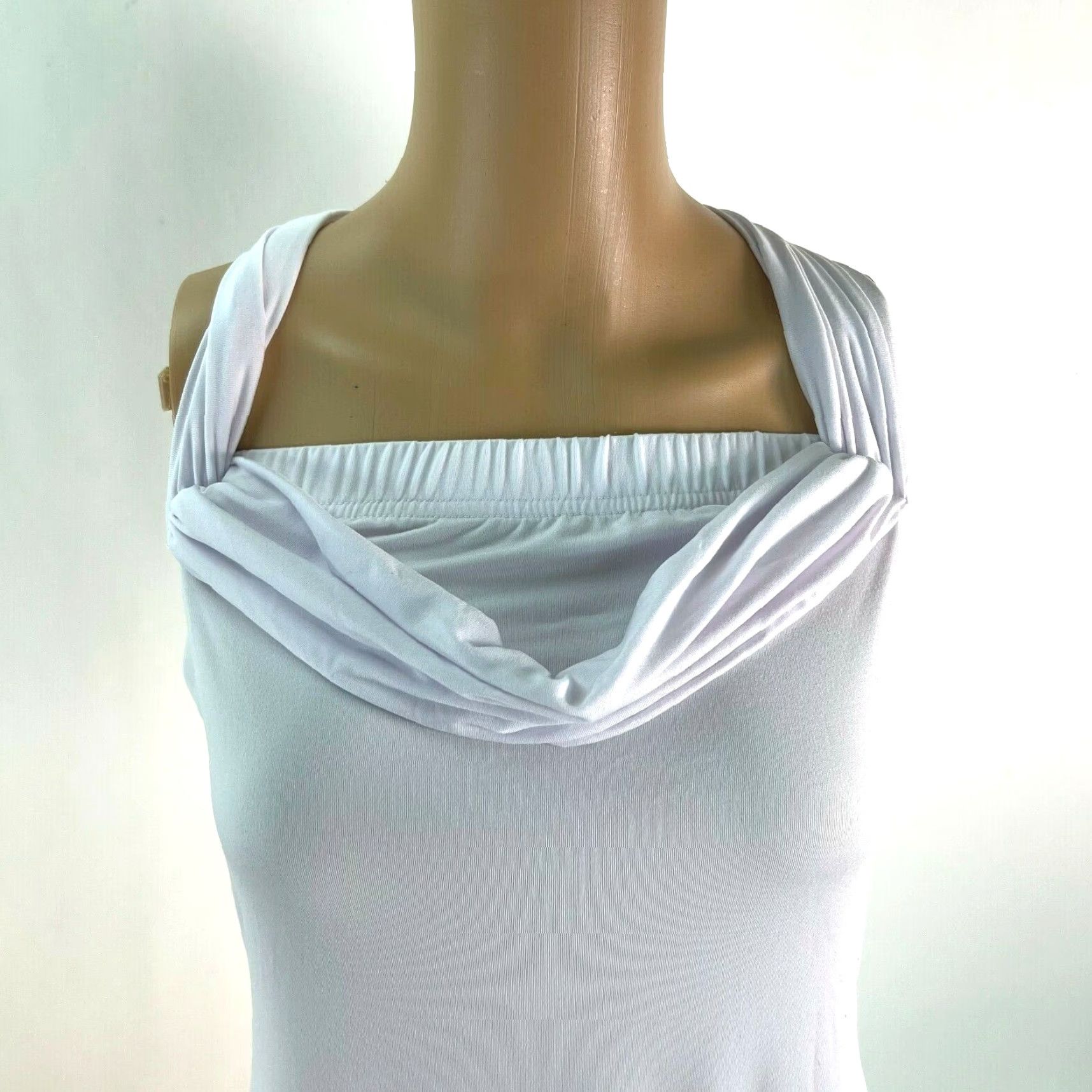 Vintage Sleeveless Criss Cross Back White Sheath Dress Size Large Jr - Polyester Blend, 90% Polyester 10% Spandex, Knee Length, Square Neck, Pullover, Solid Size L / US 10 / IT 46 - 2 Thumbnail