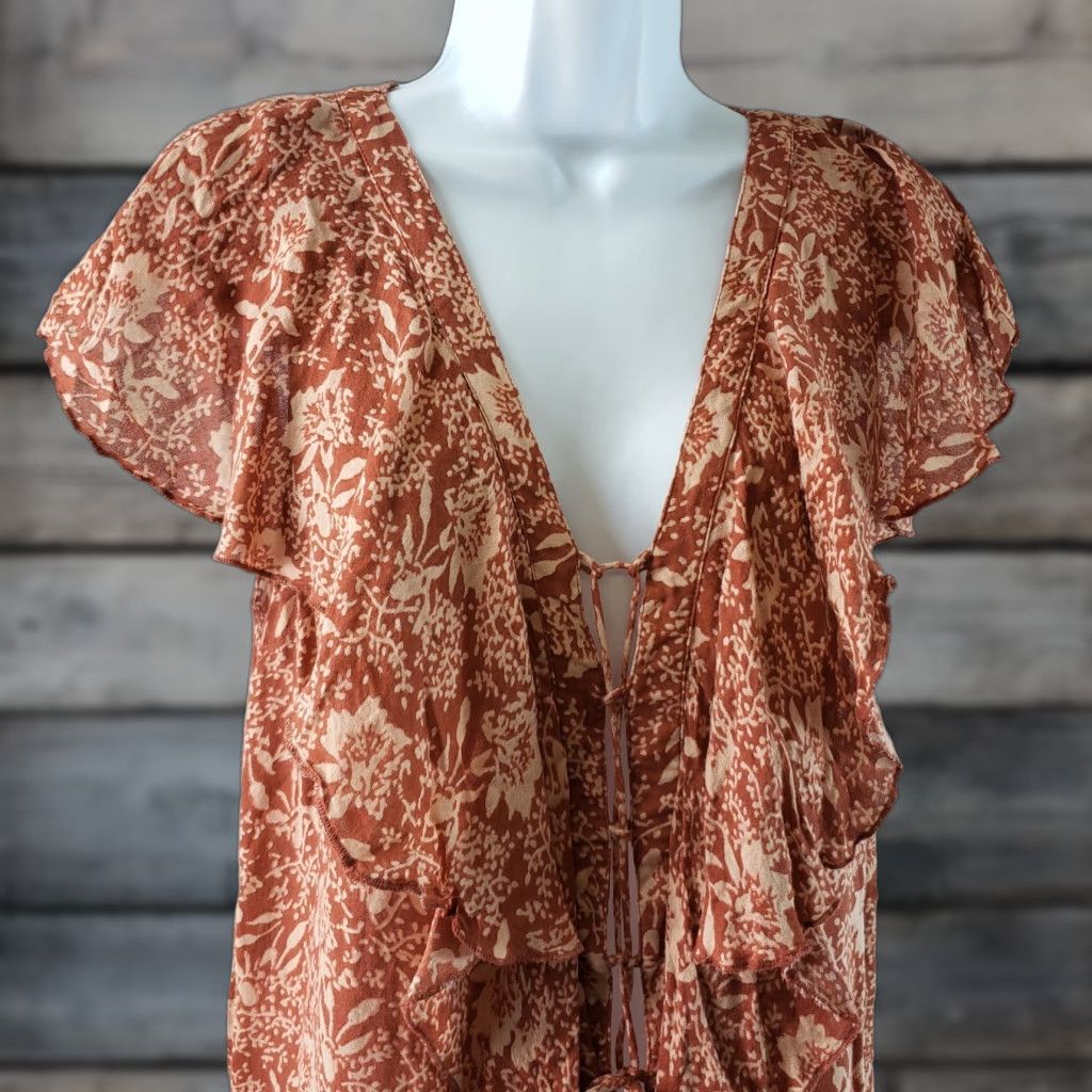 Vintage Amuse Society Blouse Shirt Womens Solana Top L Rust Red Lace Up Front Ruffle Floral Short Sleeve Vintage No Size L / US 10 / IT 46 - 1 Thumbnail