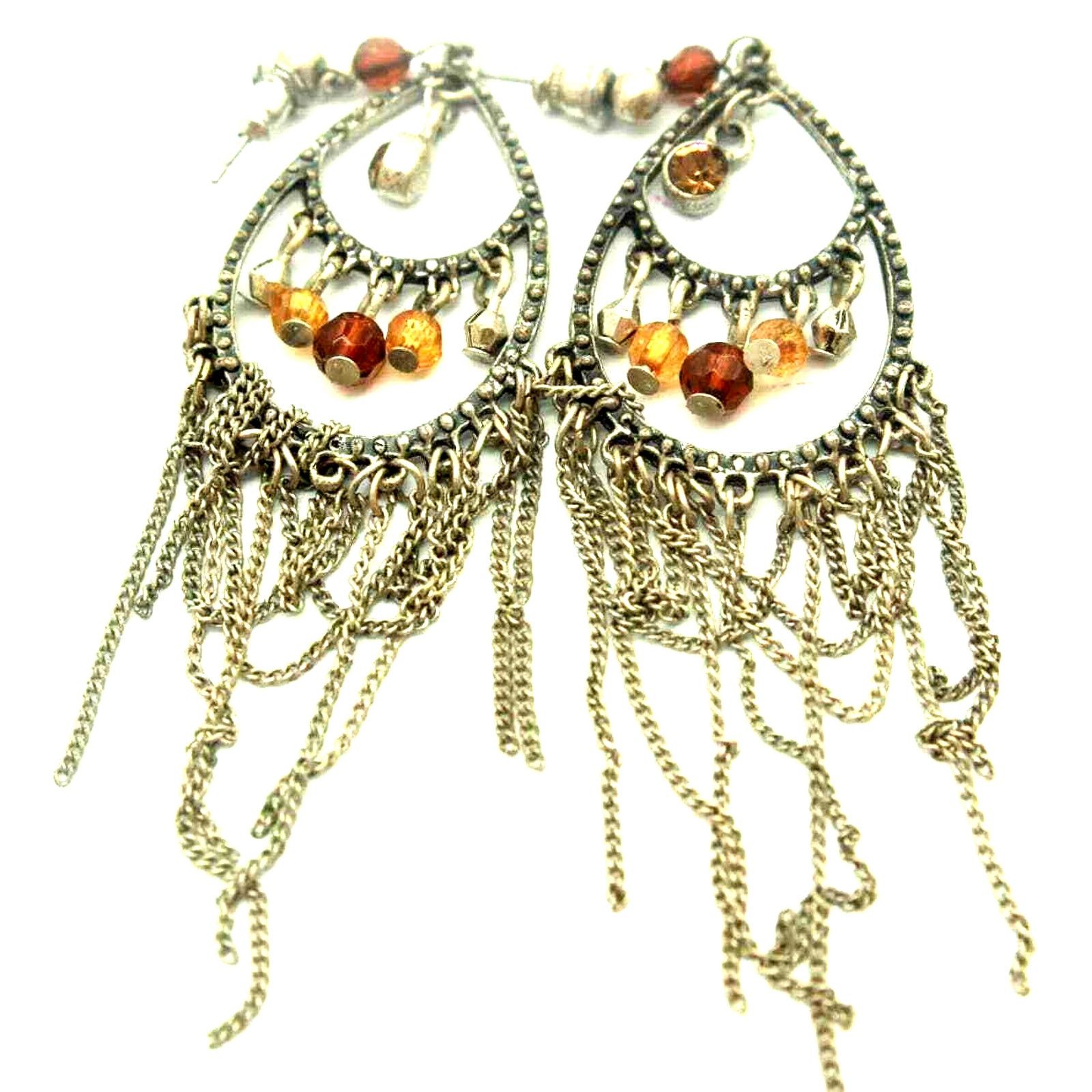 Other Honey-Colored Bead Silvertone Tassel Earrings • 3-1/2" Long Size ONE SIZE - 2 Thumbnail