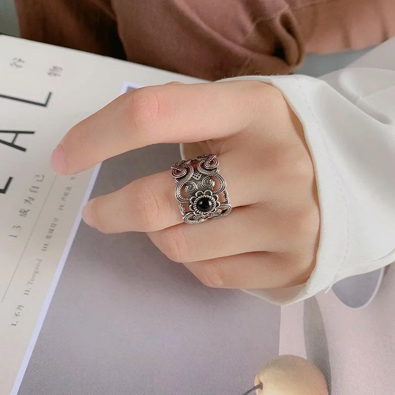 Jewelry × Vintage Vintage Black Zircon Hollow Flower Wide Cuff Finger Rings Size ONE SIZE - 2 Thumbnail