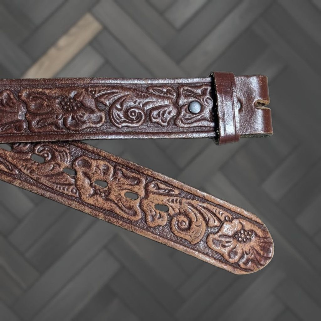 Vintage VINTAGE western belt Tooled belt Buckle Floral brown leather 32 Men Size 32 - 1 Thumbnail