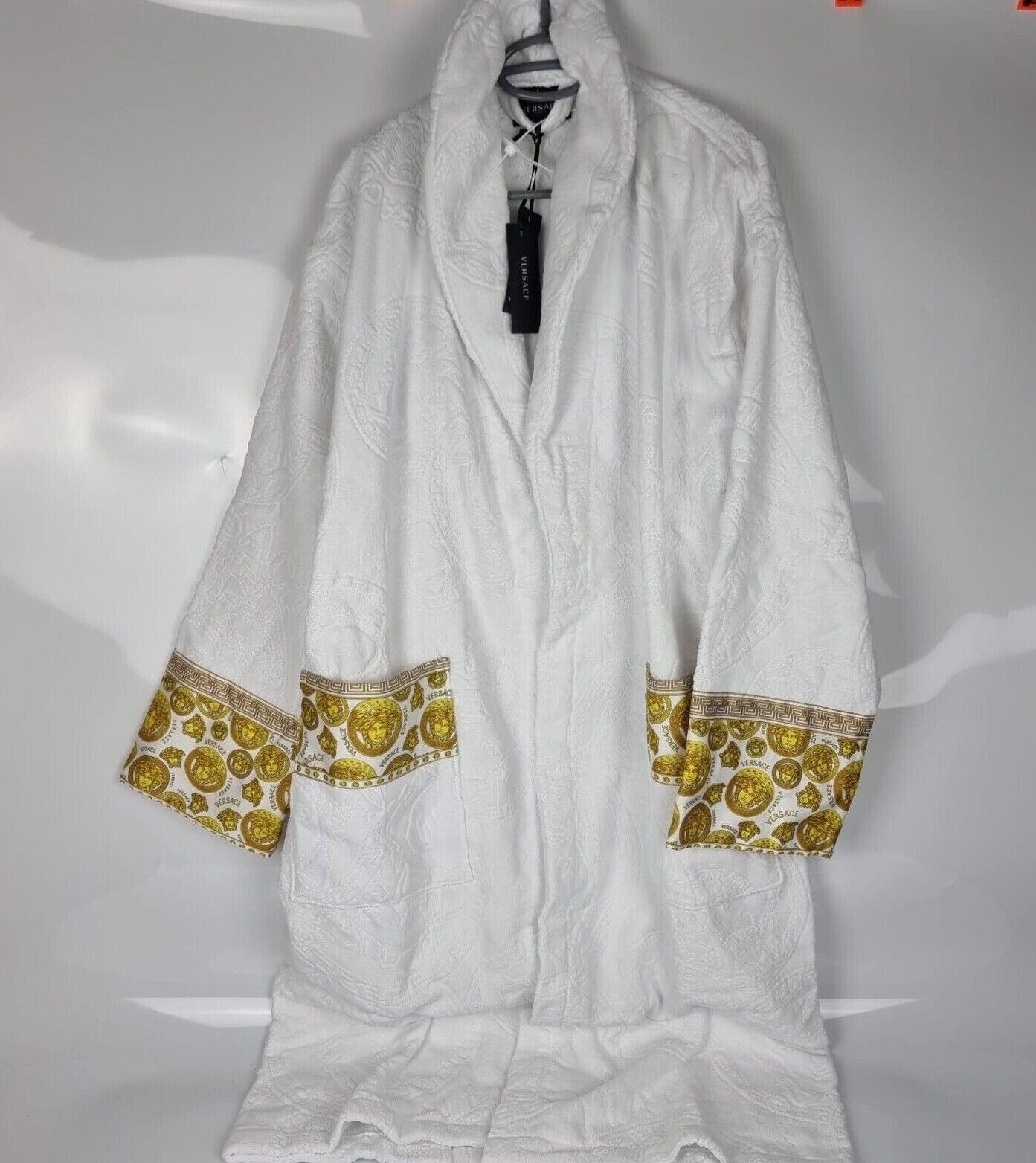 Versace Baroque Print White Long Bathrobe New M