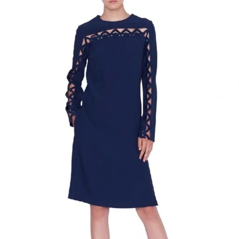 Akris Akris Punto Navy Blue Scallop Wave Cutout Shift Dress Size M / US 6-8 / IT 42-44 - 9 Thumbnail