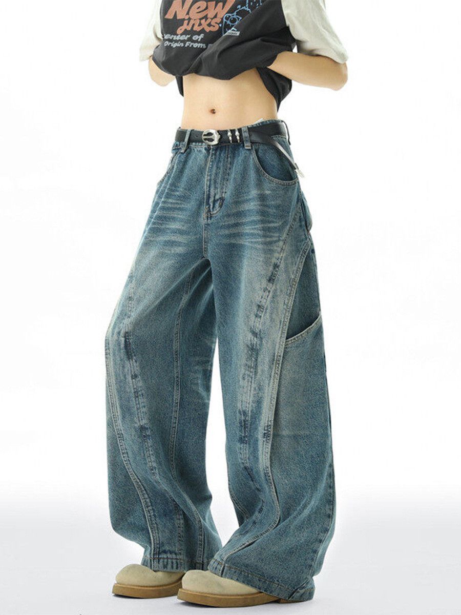 Vintage American men's loose retro patchwork washed curved jeans Size US 32 / EU 48 - 2 Thumbnail