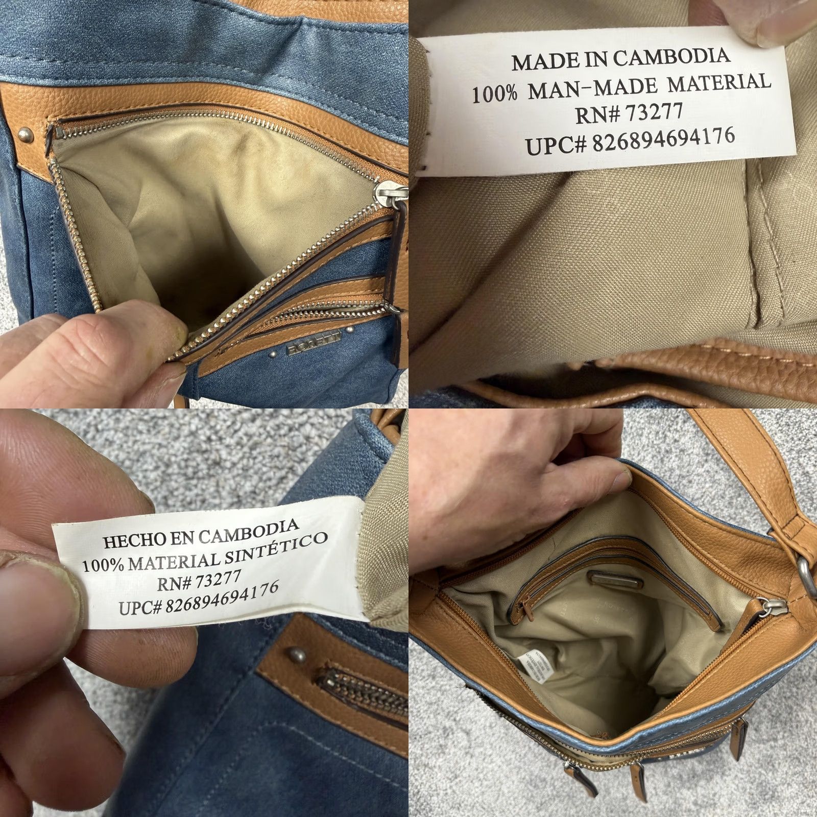 Vintage Rosetti Crossbody Bag Medium Blue Faux Leather Solid 10x23 Zipper Exterior Pockets Beige Lining Brown Strap Womens Casual Everyday Bag Size ONE SIZE - 8 Thumbnail