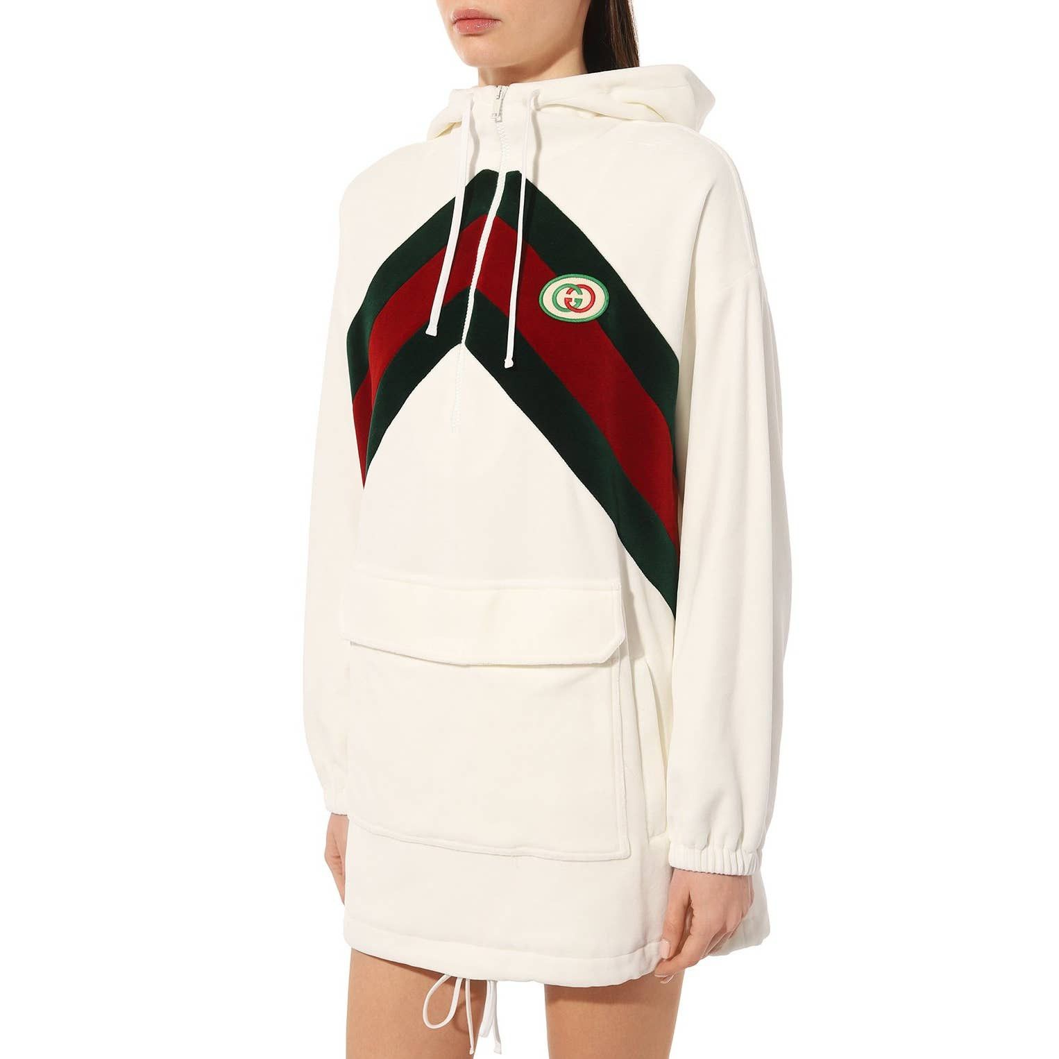 image of Gucci GG Logo Web Patch Hooded Classic Sweatshirt Mini Dress in White, Women's (Size Small)