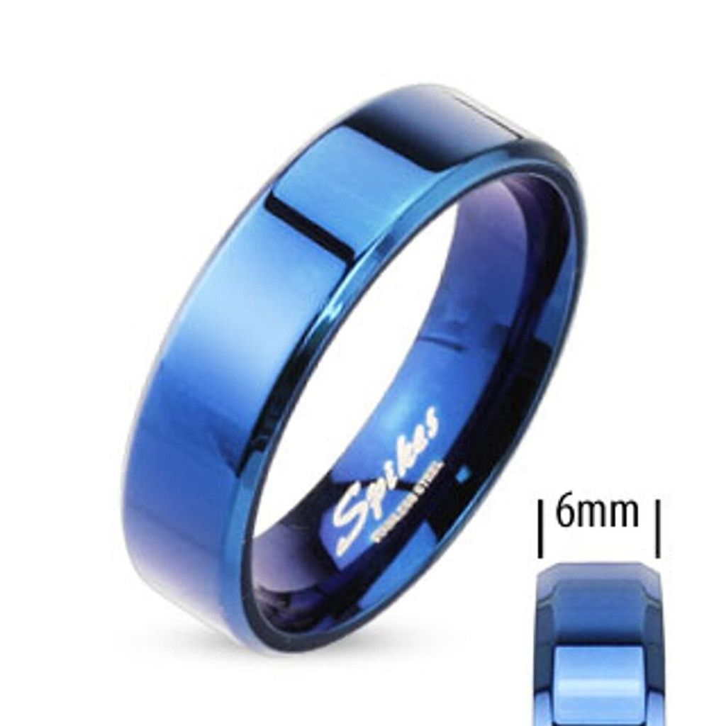 Spikes and sparrow Beveled Edge Flat Band Blue Over Stainless Steel 6mm size 9 Size ONE SIZE - 1 Thumbnail