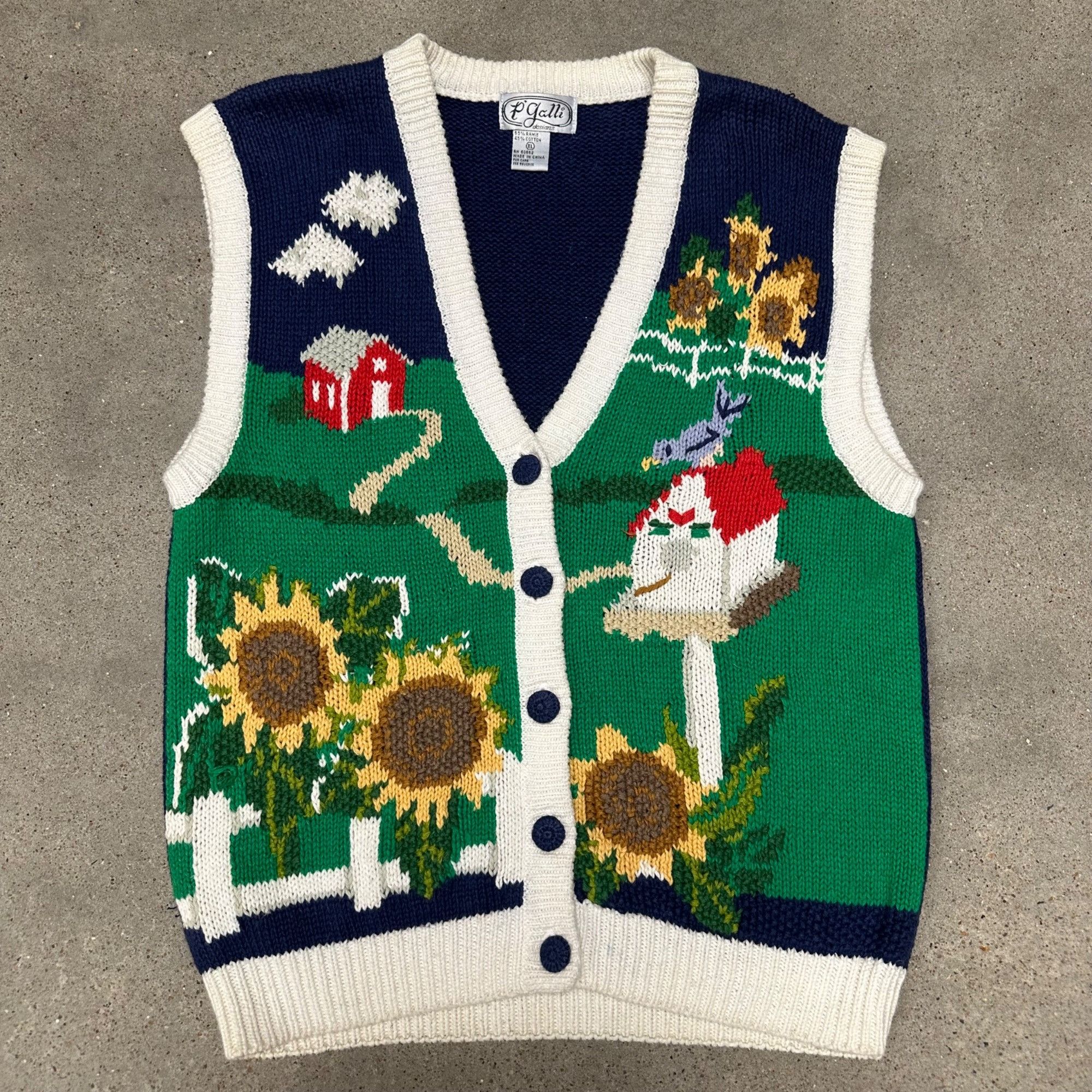 Vintage Vintage P’Galli Farm Sunflower Knit Button Up Sweater Vest Size US XL / EU 56 / 4 - 1 Thumbnail