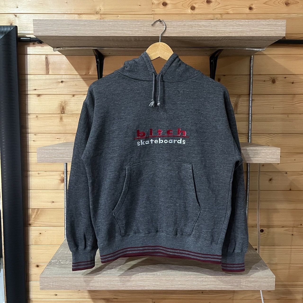 image of Skategang x Vintage 90's Bitch Skateboard OG Embroidery Spellout Hoodie in Dark Grey (Size Small)