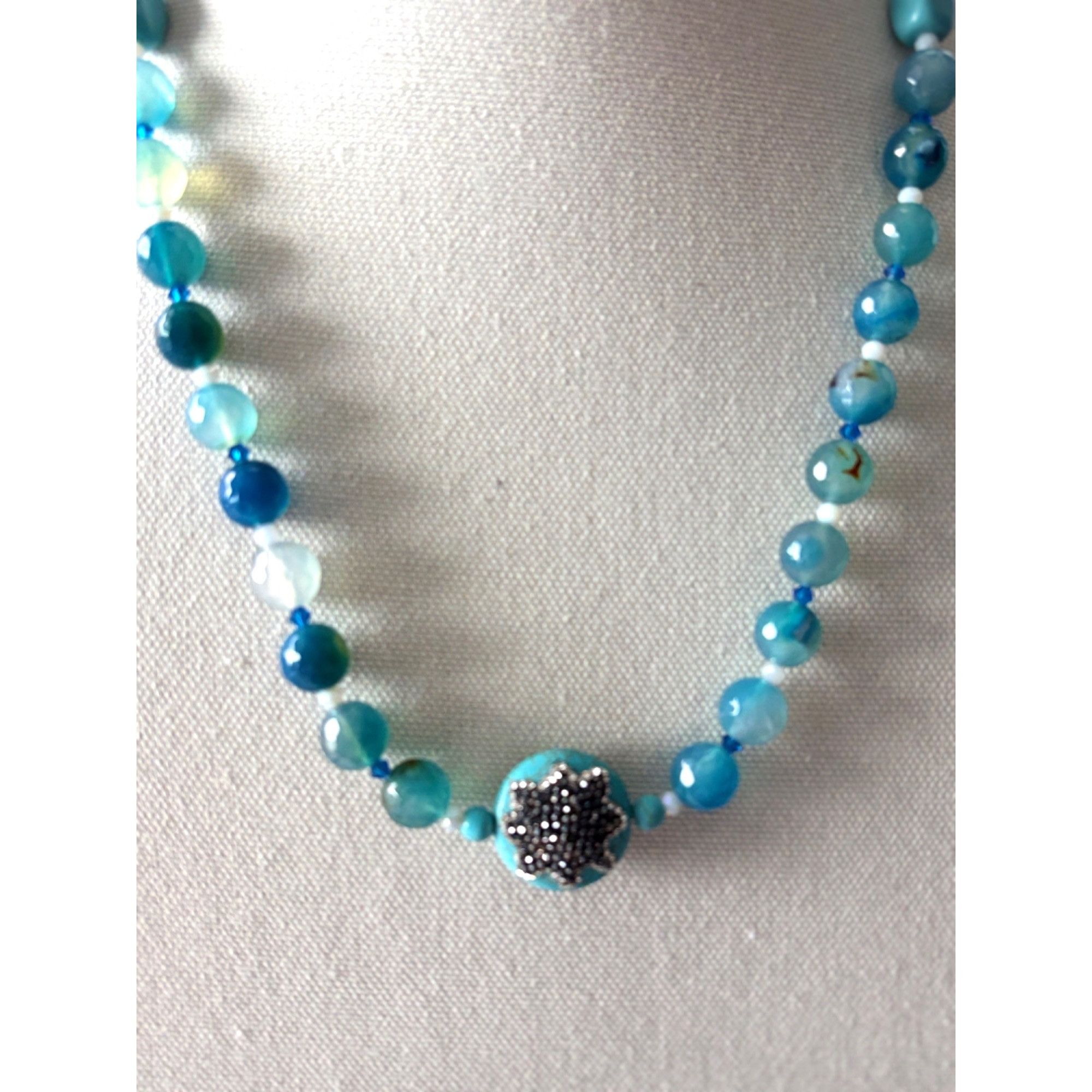Other Blue Agate Beaded Necklace With Black Crystal Clasp & Decora Size ONE SIZE - 2 Thumbnail