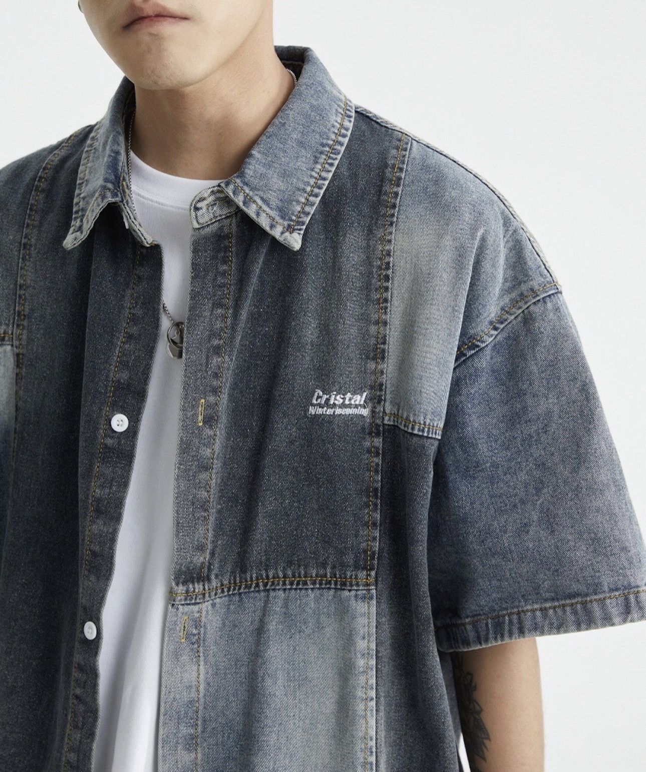 Japanese Brand × Vintage Retro y2k patchwork denim short sleeve shirt hip hop Size US L / EU 52-54 / 3 - 4 Thumbnail