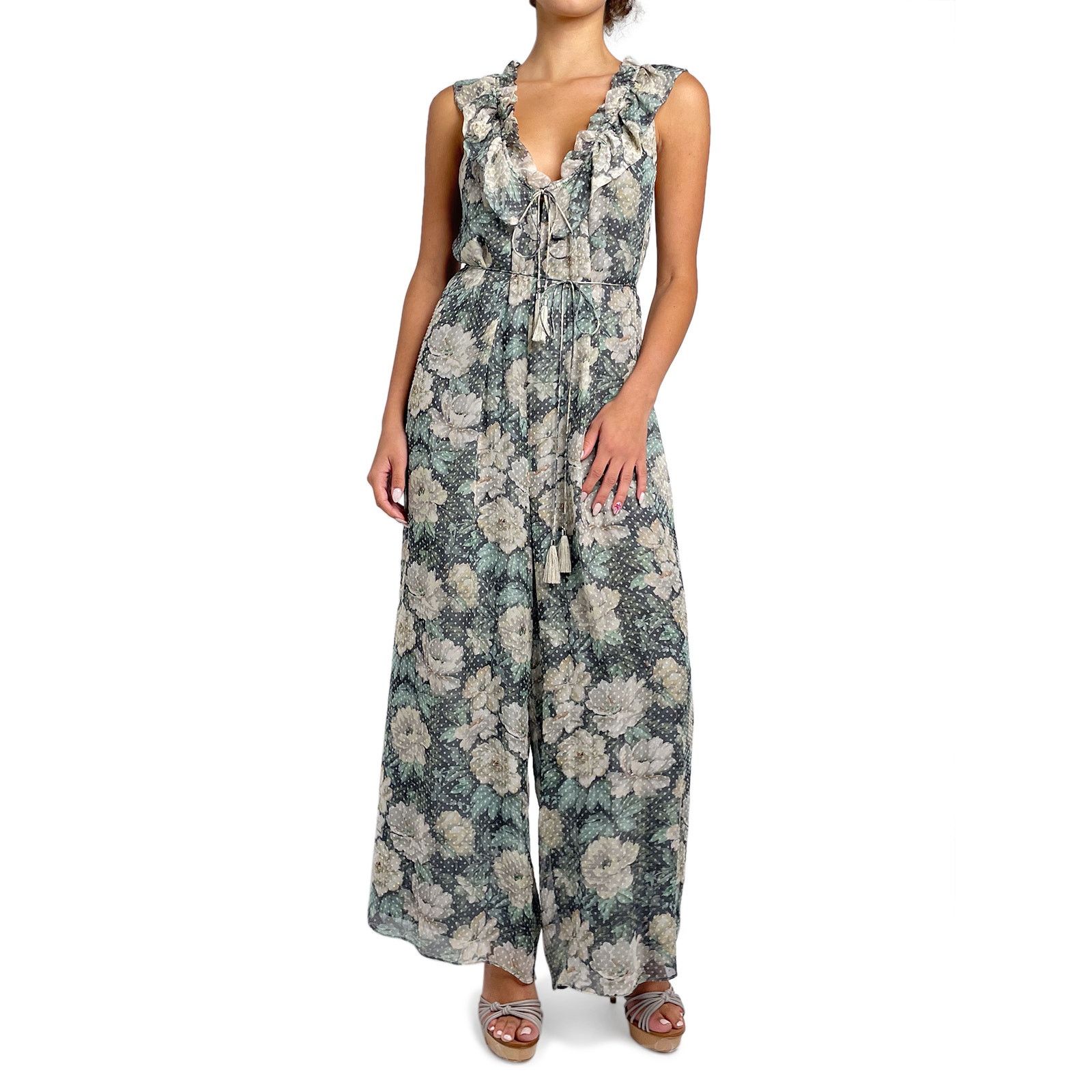 Zimmermann Green and White Floral Ruffle Jumpsuit Size S / US 4 / IT 40 - 2 Thumbnail
