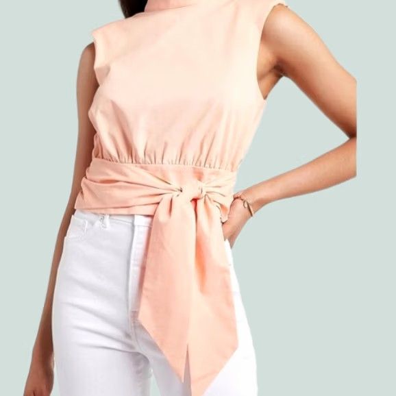 Express Express Tank Top Cropped Padded Shoulder Mock Neck SMall Tie Front Pink Women's Size S / US 4 / IT 40 - 1 Thumbnail