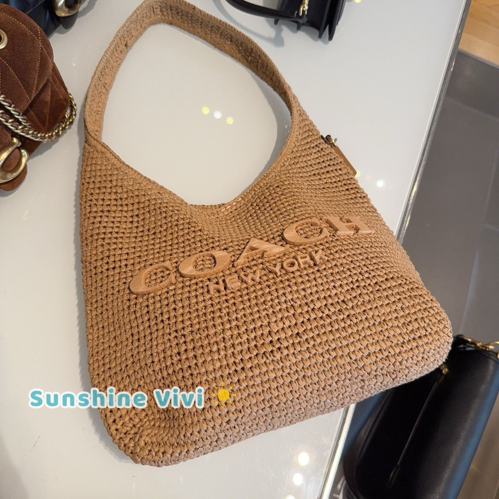Coach NWT COACH Brooklyn 28 Straw Shoulder Bag CDU75 Brass/Natural Size ONE SIZE - 1 Thumbnail