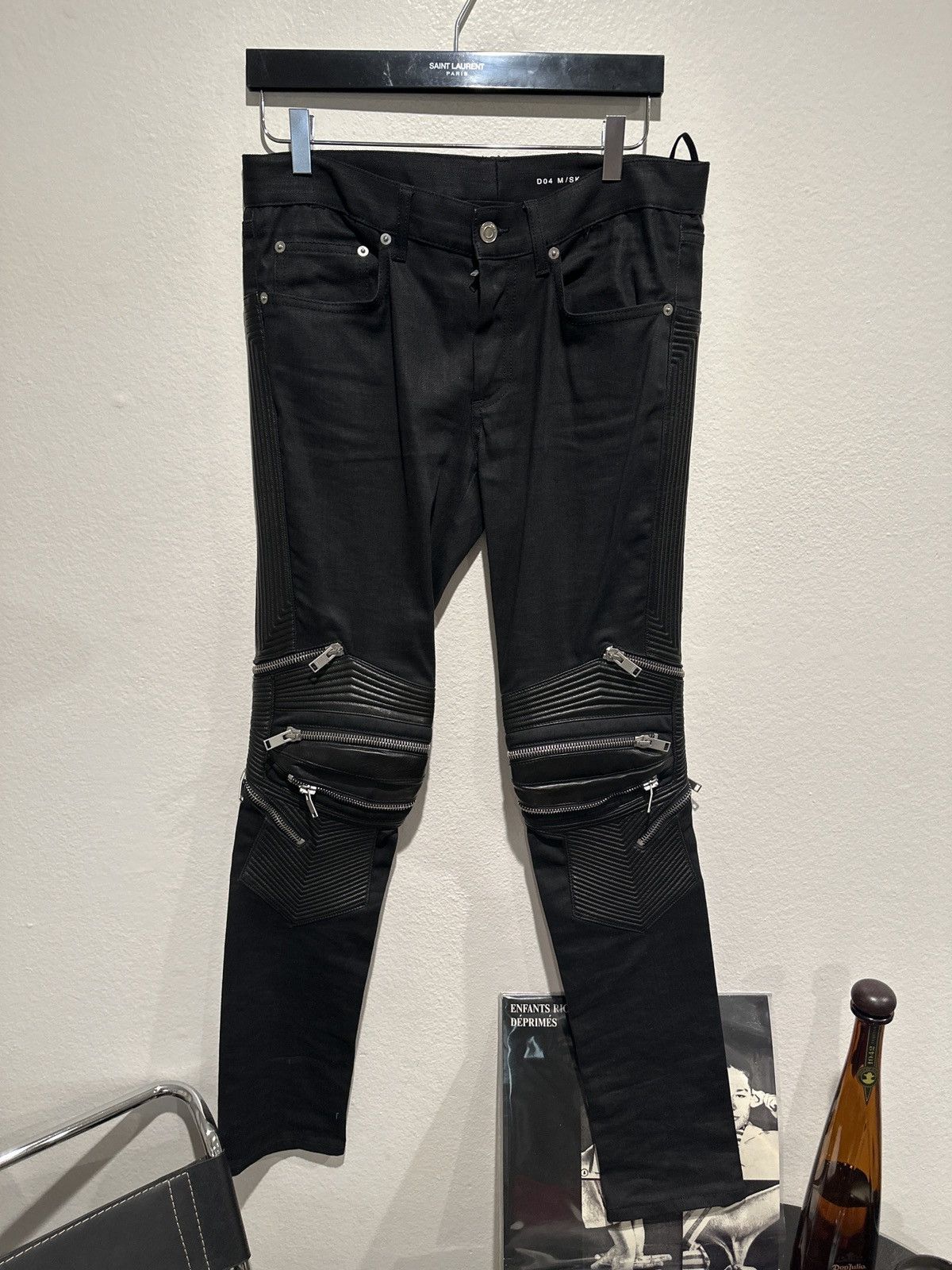 image of Hedi Slimane x Saint Laurent Paris Fw14 D04 Leather Denim Zipper Biker Jeans in Black (Size 32)