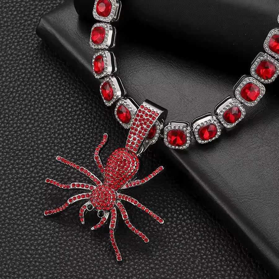 Jewelry × Vintage Retro Punk Rhinestone Ruby Necklace Spider Chain Square Size ONE SIZE - 4 Thumbnail