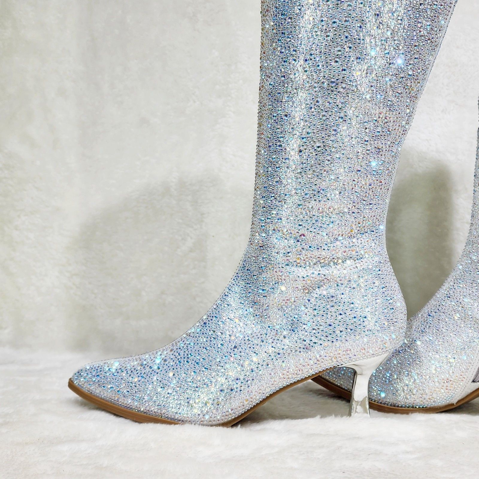 Other Silver Rhinestone Knee Boots 2.5" Kitten Heels Wide Friendly Size US 9 / IT 39 - 7 Thumbnail