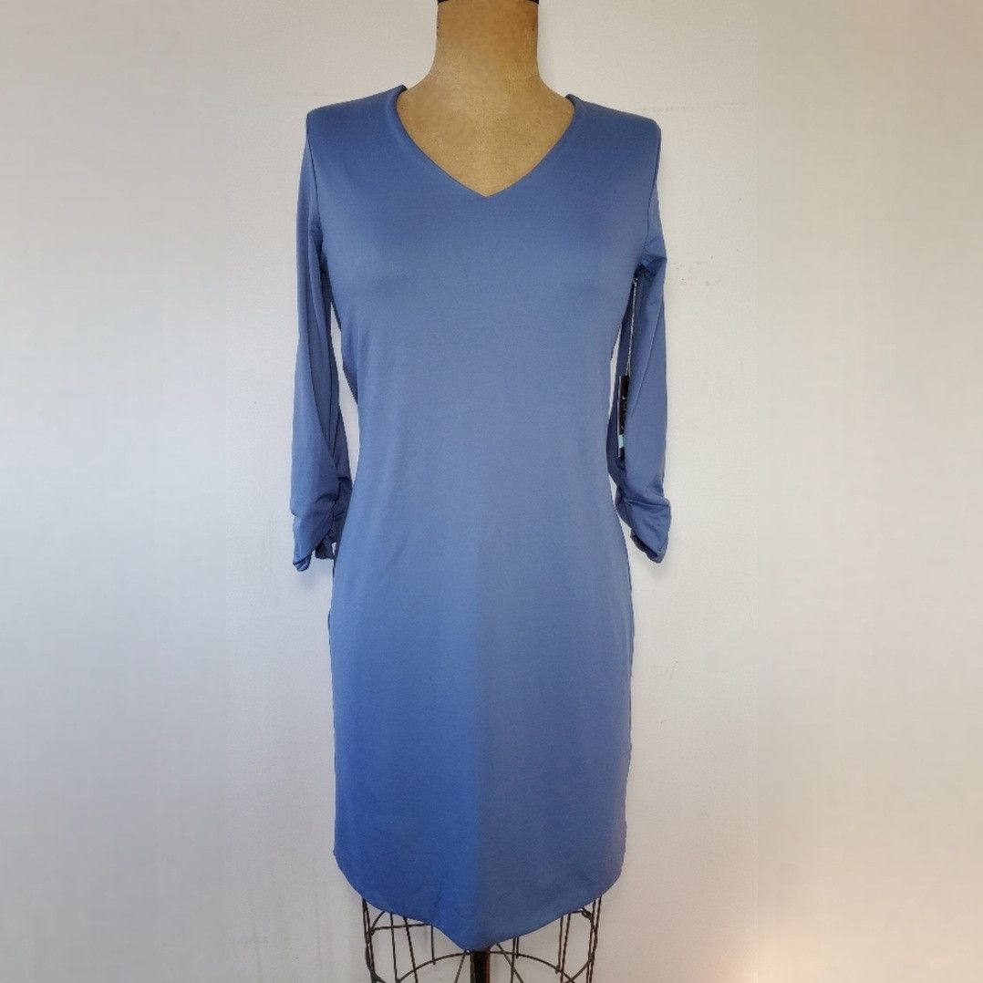 Other JudyP Size S/M NEW Blue Sheath Bodycon Midi Dress V-Neck Size S / US 4 / IT 40 - 1 Thumbnail