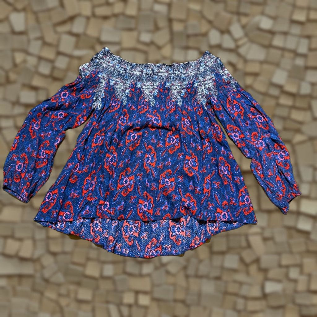 Vintage VINTAGE America Shirt Womens Large Blue Red Purple White Floral Off-shoulder Size L / US 10 / IT 46 - 1 Thumbnail