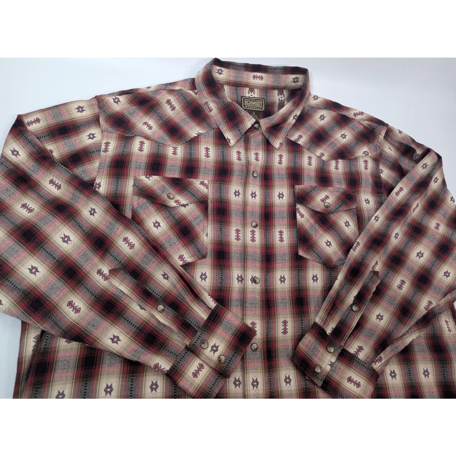 Vintage C.E. Schmidt Shirt Adult 2X Red Geometric Western Button-Up Snap Pocket Easy Care Mens Size US XXL / EU 58 / 5 - 2 Thumbnail