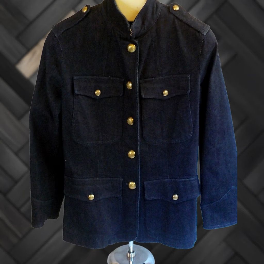 Denime VINTAGE Lauren Jeans Co. Ralph Lauren Gold Button Military Style Denim Blazer SZ S Blazer Womens Blue 90s Size 28" / US 6 / IT 42 - 1 Thumbnail
