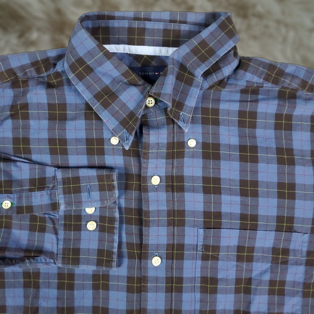 Tommy Hilfiger Tommy Hilfiger Blue Brown Plaid Button-Up Shirt Men's Large 16 34/35 Regular Fit Casual Size US L / EU 52-54 / 3 - 1 Thumbnail