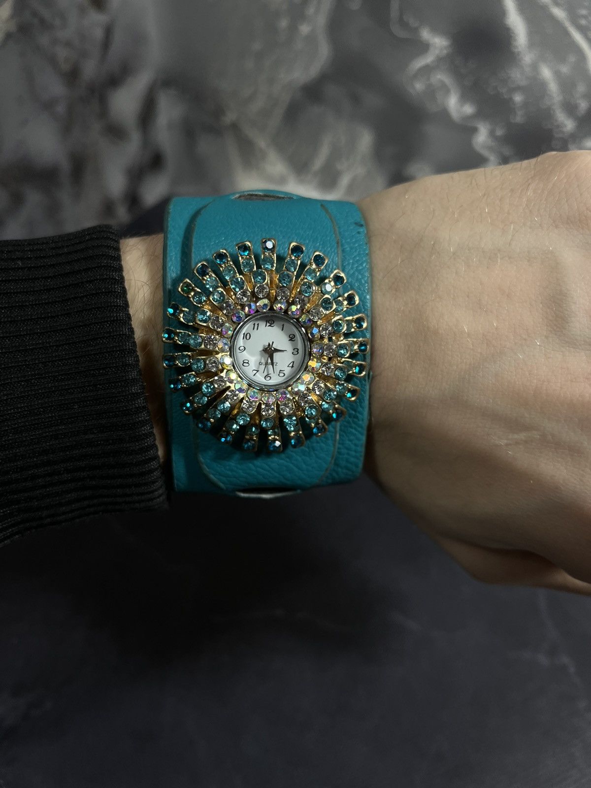 Jewelry Turquoise Crystal Sunburst Cuff Watch Bracelet Size ONE SIZE - 3 Thumbnail