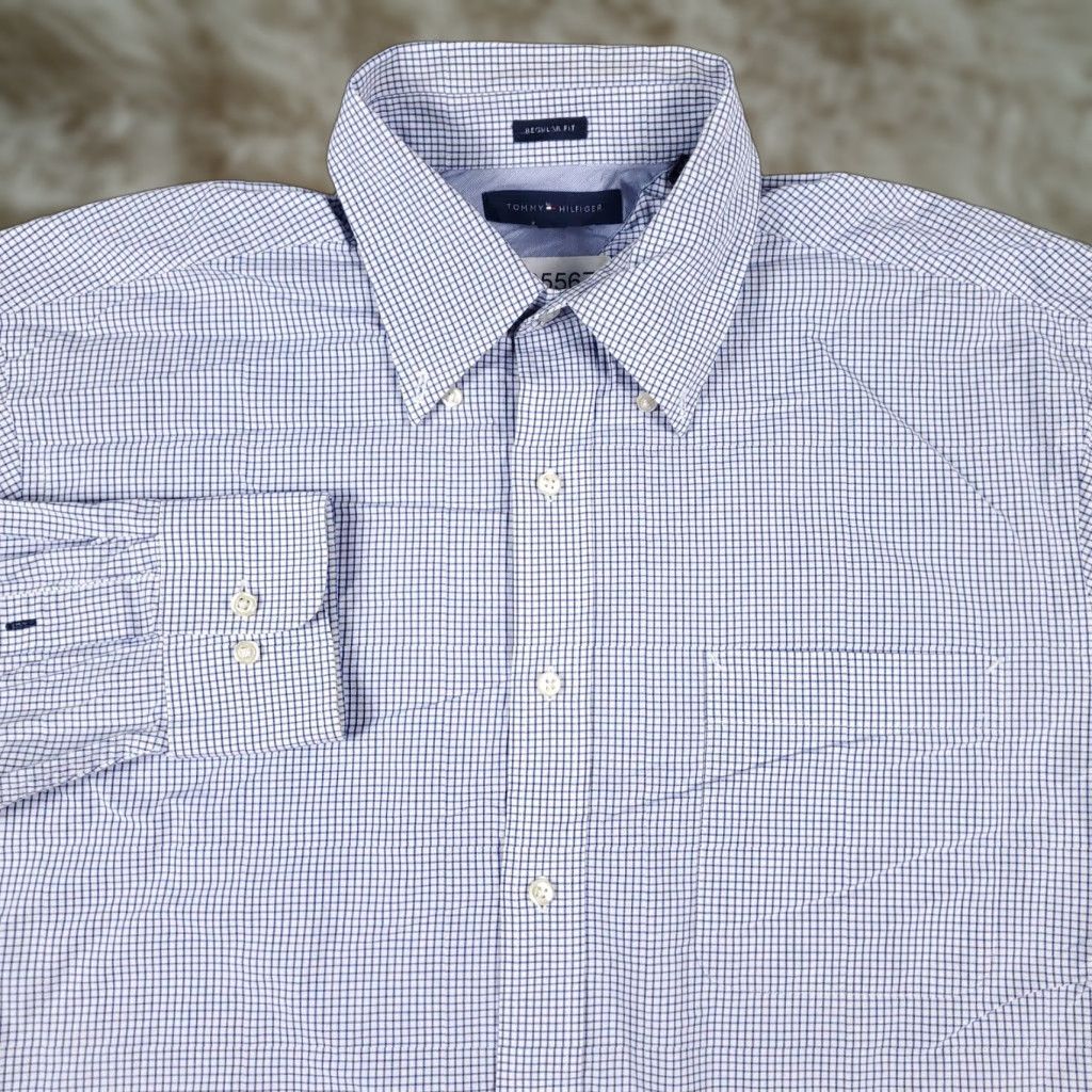 Tommy Hilfiger Tommy Hilfiger Dress Shirt Mens 16.5 Blue Check Long Sleeve Button Up Regular Fit Size 42R - 1 Thumbnail