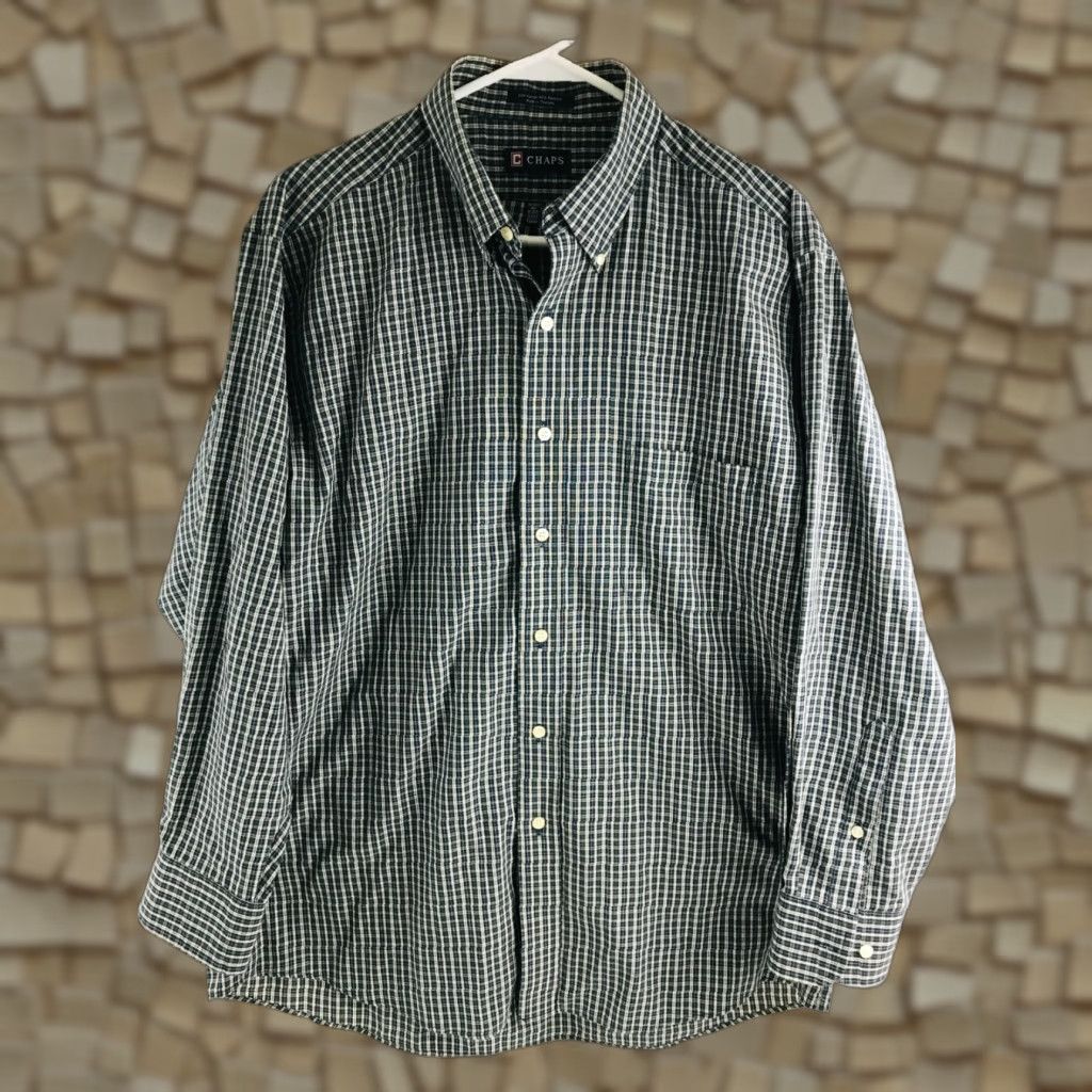 Chaps Chaps Shirt Men's Large 16-16.5 32/33 Green Navy Blue Button-Down Plaid Regular Size US L / EU 52-54 / 3 - 1 Thumbnail