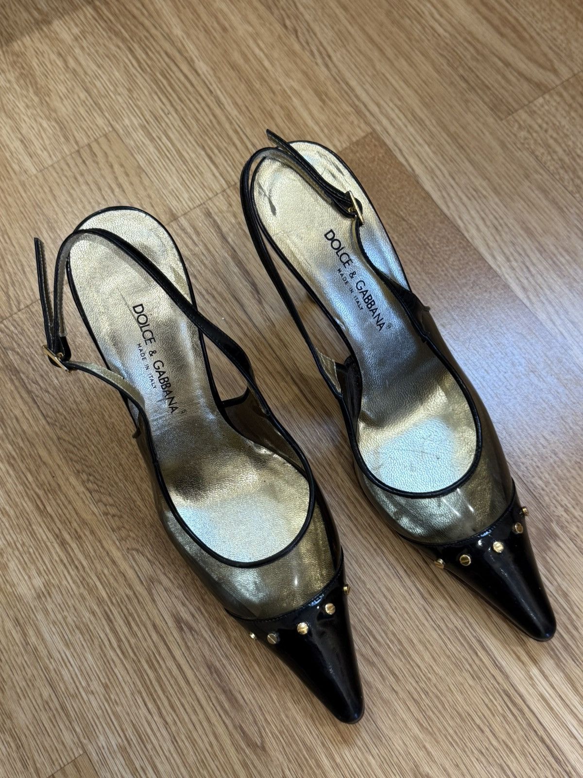 Dolce & Gabbana Vintage 00s Dolce & Gabbana Runway Heels Gold Back Detail Size US 9 / IT 39 - 2 Thumbnail