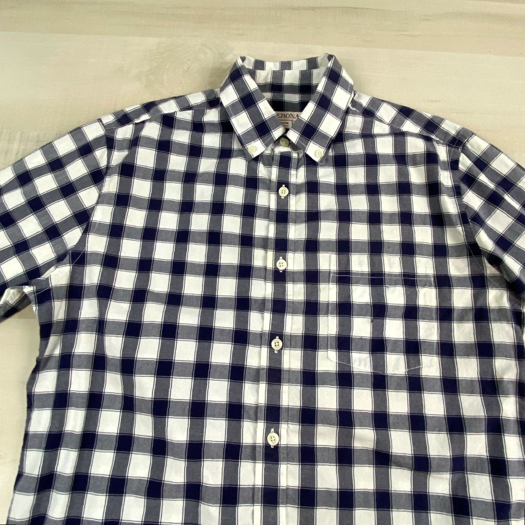 Merona Merona Mens Long Sleeve Button Up Shirt Medium Navy Blue White Checkered Size US M / EU 48-50 / 2 - 2 Thumbnail