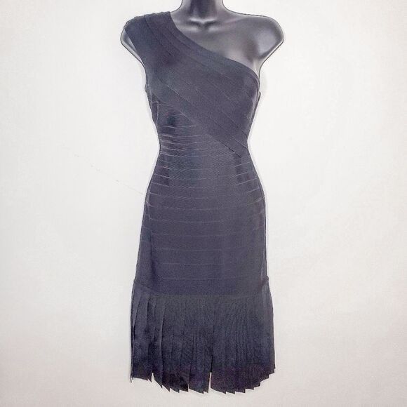 Hervé Leger Black Renee Fringe Asymmetrical One Shoulder Ban