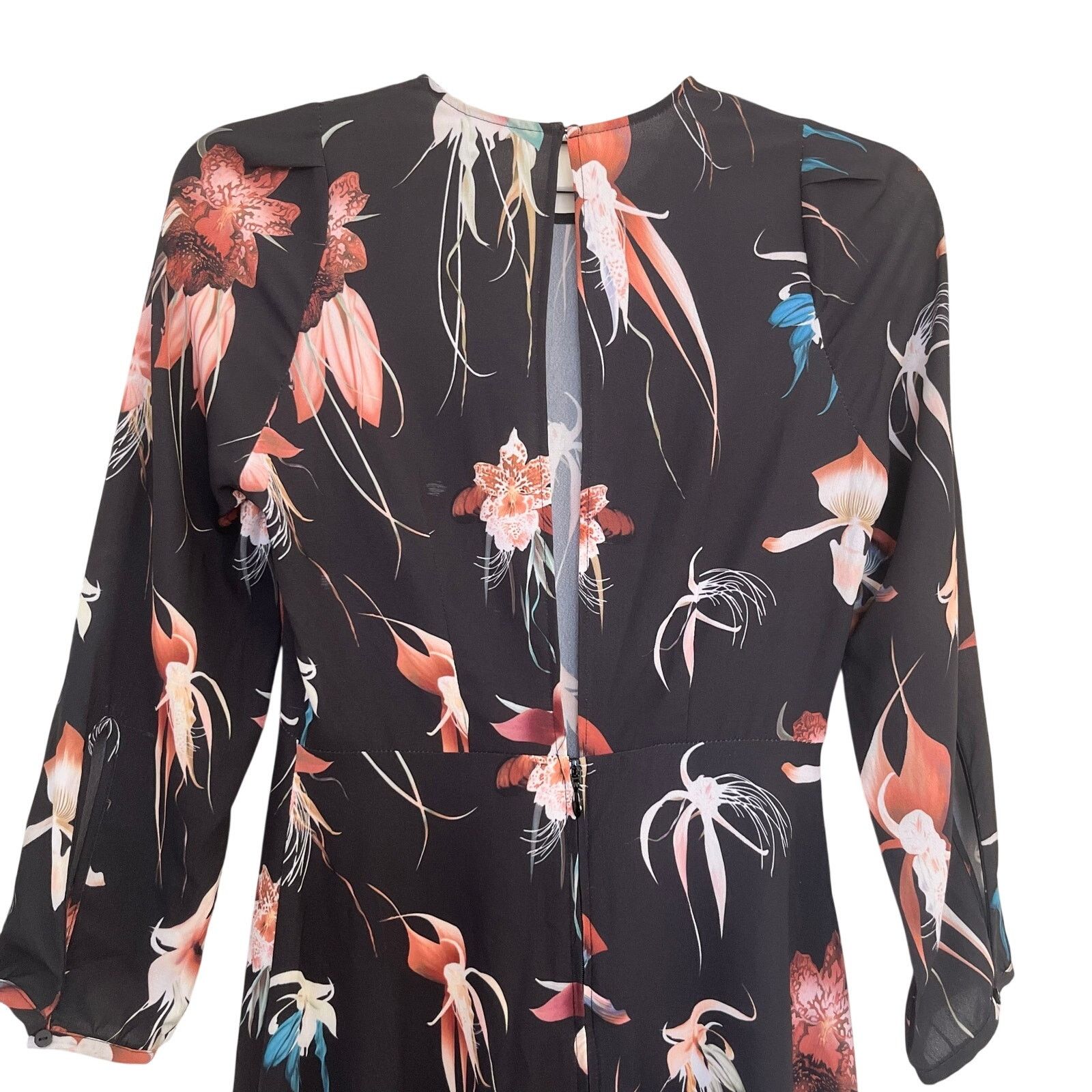 H&M H&M Black Floral Midi Dress Open Back Long Sleeve Flowy Size XS / US 0-2 / IT 36-38 - 4 Thumbnail