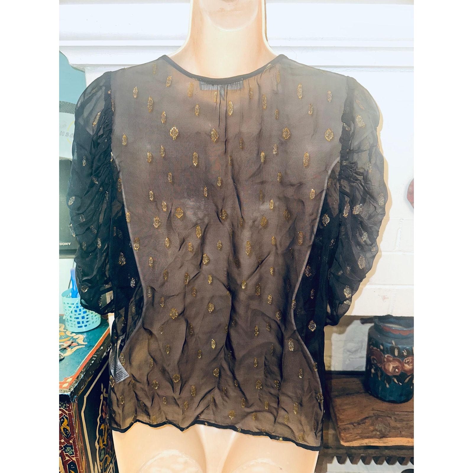 Frame FRAME $363 BLACK SHIRRED METALLIC JACQUARD KEYHOLE TOP S Size S / US 4 / IT 40 - 7 Thumbnail