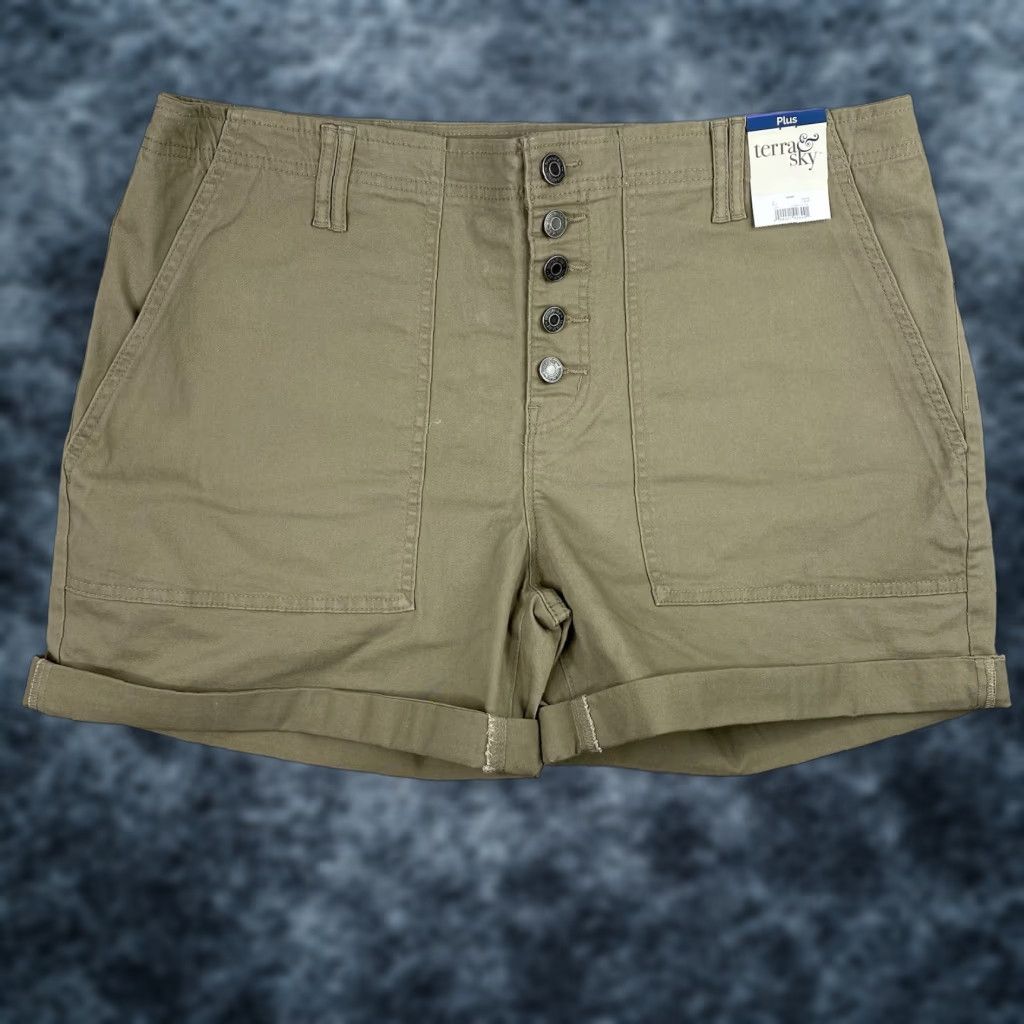 Vintage Terra & Sky Shorts Womens 16W Tan Button Pockets Stretch Khaki NWT Shorts Womens 16W Tan Button Up Cuffed Pockets Stretch Khaki NWT Size 38" / US 16 / IT 52 - 1 Thumbnail
