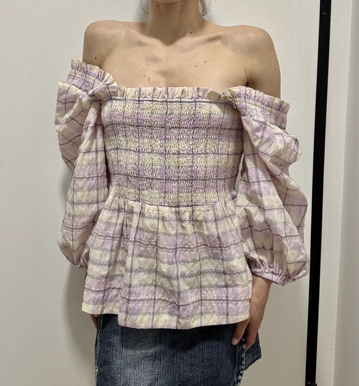 Ganni Ganni Ba.A Plaid Check Cotton Balloon Sleeve Purple Blouse Size XS / US 0-2 / IT 36-38 - 2 Thumbnail
