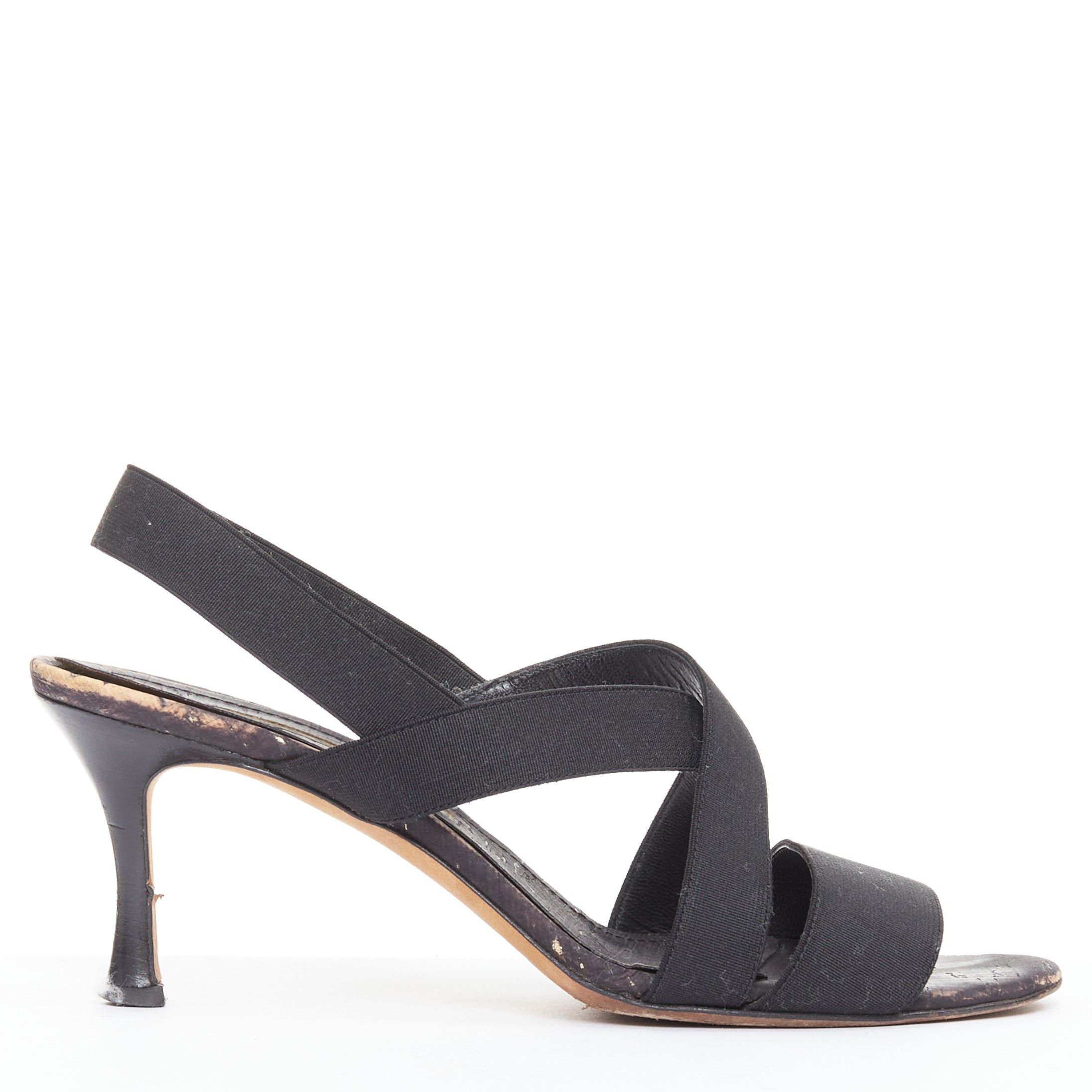 Manolo Blahnik MANOLO BLAHNIK black elastic strap cork sole spool mid sandals EU37 Size US 7 / IT 37 - 1 Thumbnail