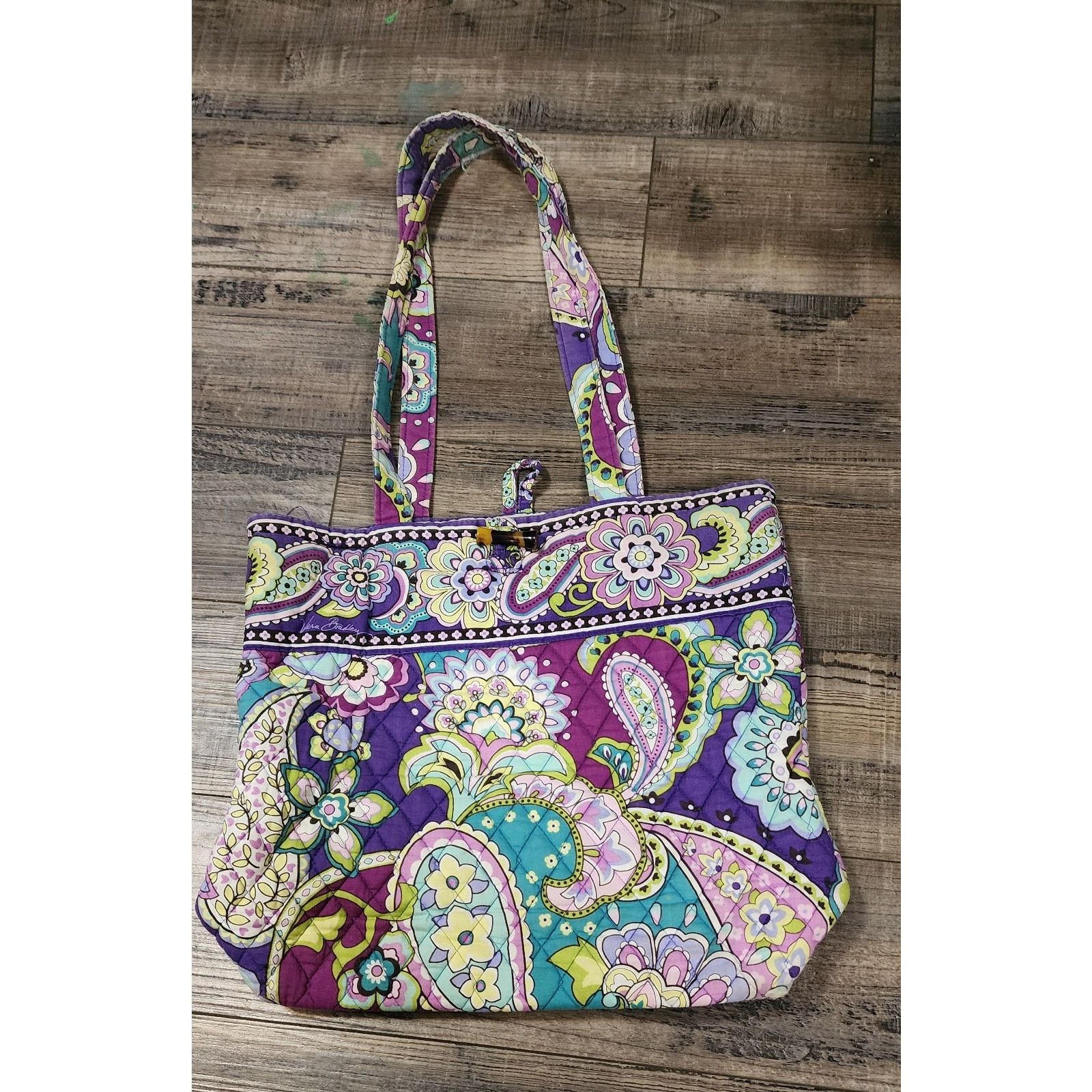 Vera Bradley Quilted Purse Purple Teal Floral Zip Bag 15" Y, Women's